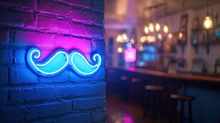 Neon mustache sign on brick wall of a bar