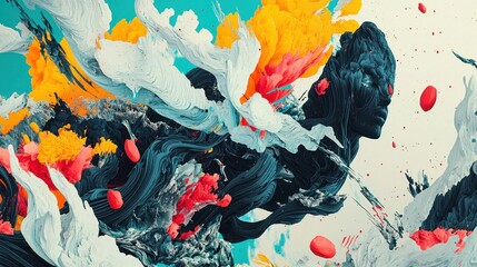 Abstract woman figure in vibrant paint splatter art, dynamic fluid style