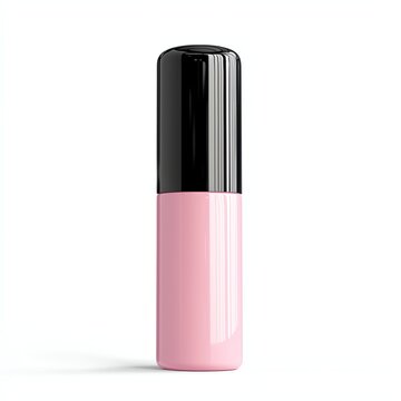 Stylish cosmetic bottle with a black lid and pink body, designed for skincare or beauty products, on a white isolated background.