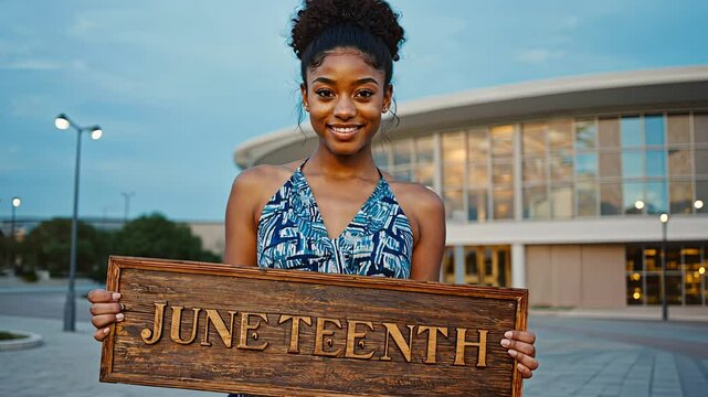 A smiling young woman holds a wooden &ldquo;JUNETEENTH&rdquo; sign while standing near a modern building, showing pride in cultural history and celebration.
