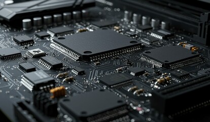 Fototapeta premium Close-up of circuit board with microprocessors and electronics showcasing high-tech innovation and design.