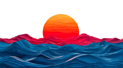 Stylized sunset over abstract landscape, wavy pattern design, cut out transparent