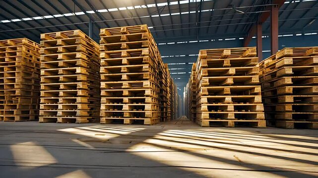 Stacks of wooden pallets inside industrial warehouse with sunlight and shadows
