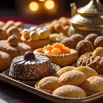 An image of Arabian desserts kept in the table with blurry background 