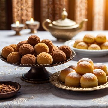 An image of Arabian desserts kept in the table with blurry background 