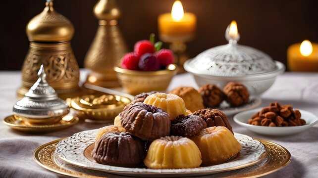 An image of Arabian desserts kept in the table with blurry background 
