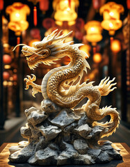 Fototapeta premium China National day product display podium background, Dragon’s Triumph, stone and gold, intricate dragon, golden dragon, clouds, glowing Chinese lantern, representing strength, prosperity, unity, ad