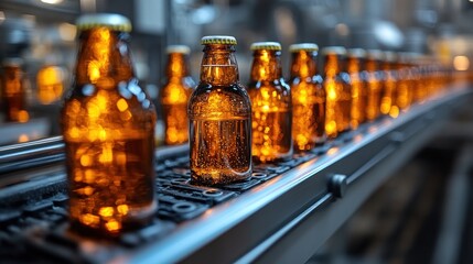 Bottling Line: Amber Glass Bottles on Conveyor Belt