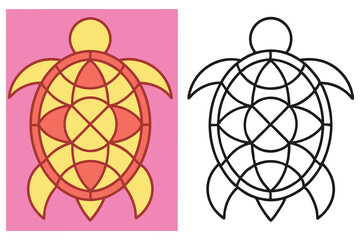 Geometric Turtle Shell Design, Outline Isolated on White, Yellow and Pink