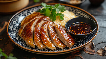 Sliced peking duck with sauce and garnish on a decorative plate ready to be served for dinner