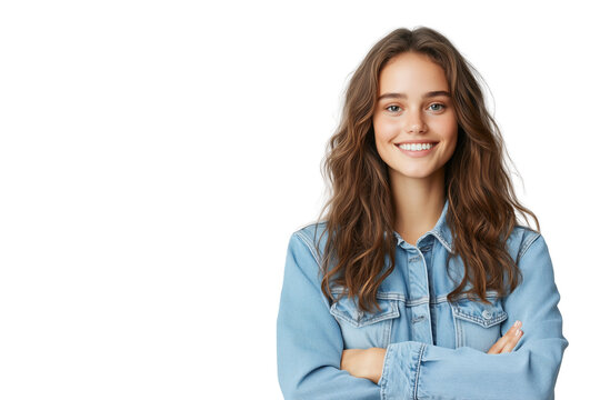 L&auml;chelnde junge Frau in Jeansjacke PNG mit transparentem Hintergrund

