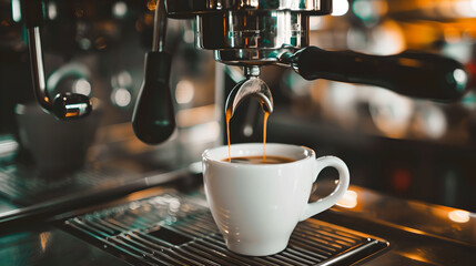 Coffee brewing in a modern espresso machine at a vibrant cafe during early morning hours