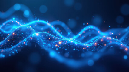 Obraz premium A digital visualization of Nicotinamide Adenine Dinucleotide with blue light particles and a flowing wave-like effect.