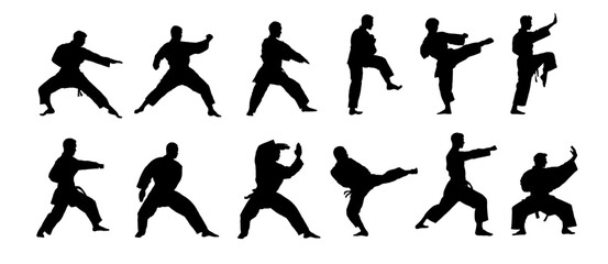 Set of silhouette of a man practicing karate - vector illustration