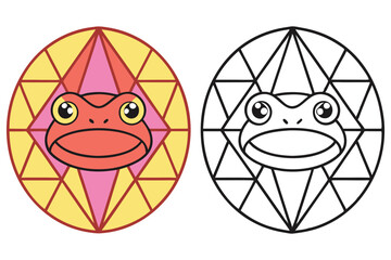 Cartoonish Frog Face on Geometric Background and Line Art Design Isolated