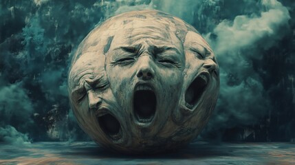The sphere twists with expressive faces, the screaming one frozen in anguish, amplifying the scene’s unsettling energy.
