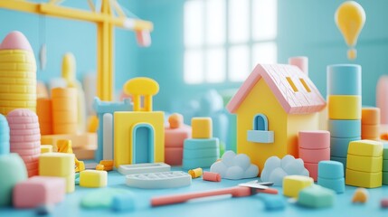 Fototapeta premium Colorful Toy Construction Scene with Blocks and Playful Structures