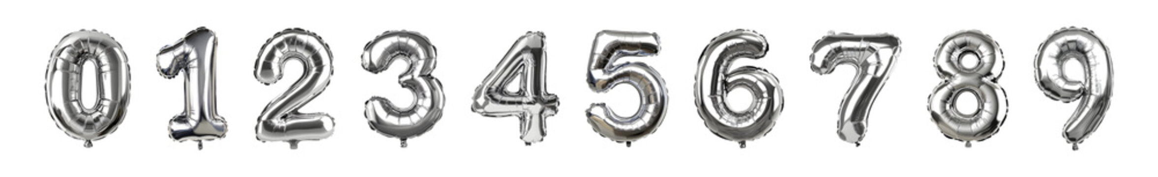 Numbers chrome silver shine balloons set. Silver balloon numbers for birthday celebrations. Chrome silver shiny balloon numbers isolated on transparent background.