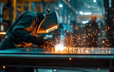 Welder Working with Sparks in a Metal Fabrication Industry Setting