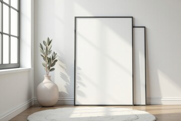 Minimalist interior scene featuring two blank frames, a plant in a vase, and a fluffy rug on a wooden floor, bathed in sunlight.