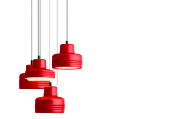 Red pendant lamps emitting light in darkness, cut out transparent