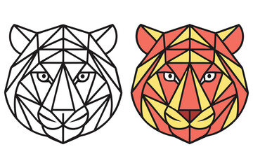 Geometric Tiger Head Outline & Colored Design, Isolated on White