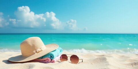 Obraz premium Summertime Relaxation Beach Hat, Towels, and Sunglasses Resting on Soft Sand by the Ocean