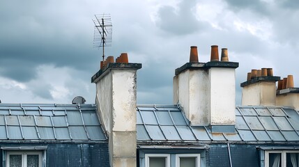 Obraz premium Detailed view of white chimneys and a rake antenna for architectural and communication purposes