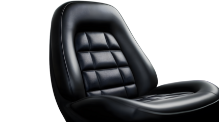 A contemporary black automobile seat is set against a pristine white backdrop