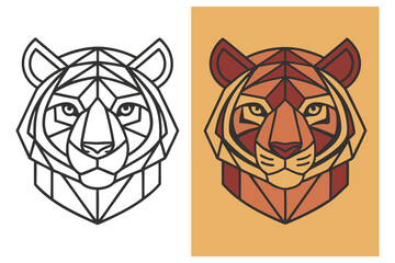 Geometric Tiger Head in Linear Style with Orange Background