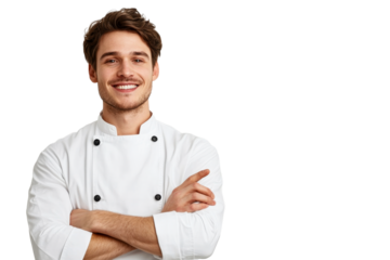 Confident chef standing with arms crossed smiling, cut out transparent