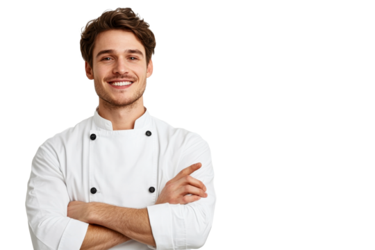 Confident chef standing with arms crossed smiling, cut out transparent