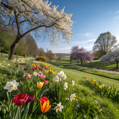 spring landscape with blooming trees