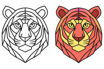 Fototapeta premium Geometric Tiger Head Outline and Colored Version with Transparent Background
