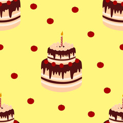 Seamless pattern, cake pattern, birthday cake, yellow background. Yellow often represents appetite. Suitable for use as a fabric pattern, wallpaper, birthday sign background.