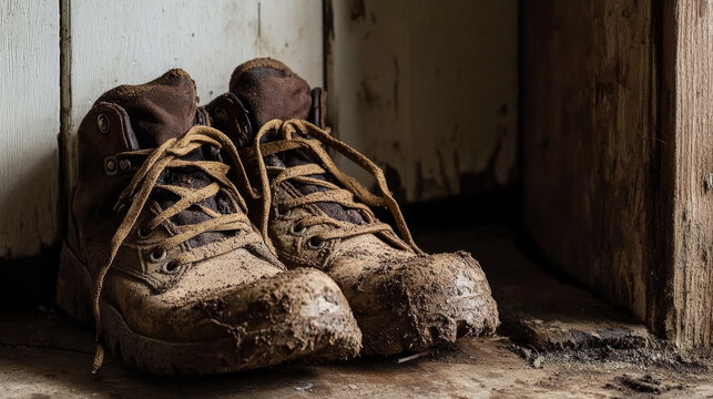 Worn and muddy hiking boots resting on wooden floor, showcasing effects of outdoor adventures. earthy tones and textures evoke sense of exploration and ruggedness