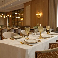 Elegant Dining Room Table Setting with Gold Accents and Soft Lighting for Formal Gatherings, Fine Dining.