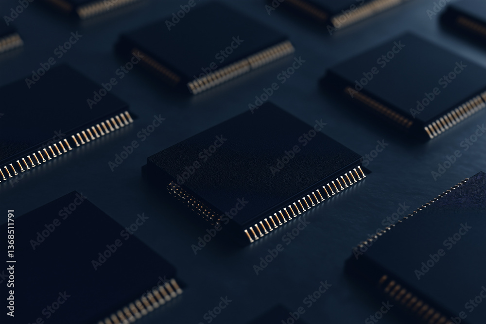 Poster cybernetic grid: an artistic display of intricate computer microchips, perfectly arranged in a preci