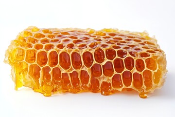 Close-up Honeycomb Piece Dripping Honey on White Background for Healthy Food