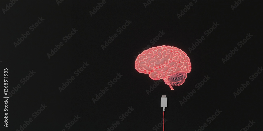Poster mind connection: the artistic and conceptual visual of a stylized brain connected via a cord, symbol