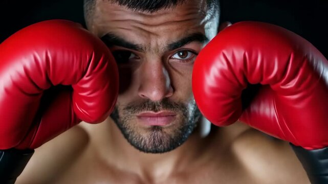 Young Hispanic man boxing with red gloves, focused and determined in a competitive fight training session