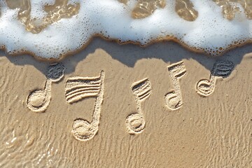 Music notes etched in the sand on a beach with waves gently lapping, blending the rhythm of the ocean with the harmony of sound