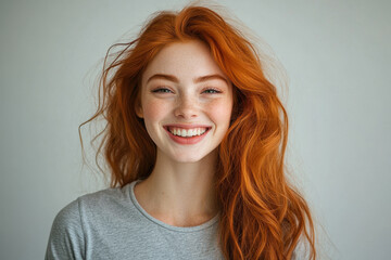 Fototapeta premium Woman with red hair smiling brightly in a field of wildflowers, sunlight filtering through trees in the background.