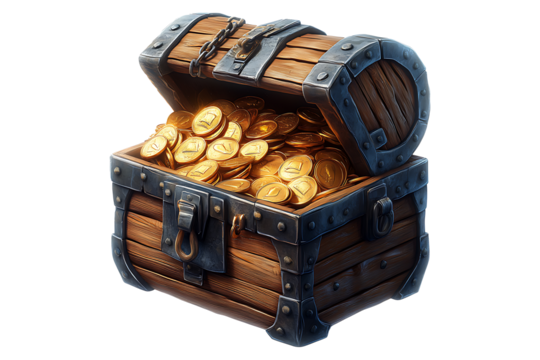Overflowing treasure chest gold coins isolated on white or transparent background.