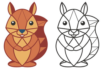 Geometric Squirrel Modern Style, Colored and Outline Versions on White Background