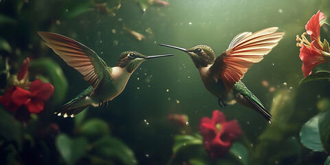 Pair of Hummingbirds Hovering Over a Flower Background for Nature, Pollination, or Delicate Beauty