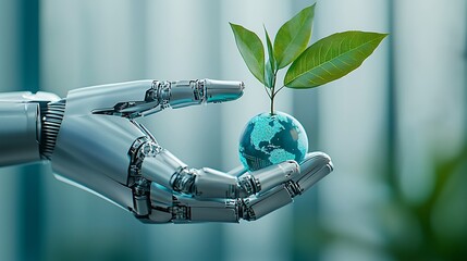 Robotic Hand Holding a Sprouting Plant on a Glowing Globe