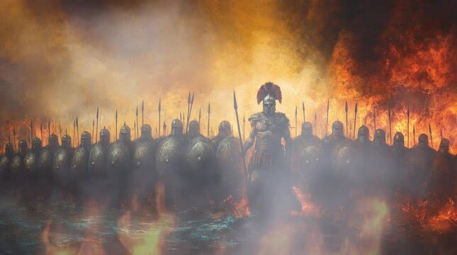 A powerful warrior leads an army of soldiers, standing tall amidst a fiery battlefield, with spears raised high, embodying strength, courage, and determination in battle