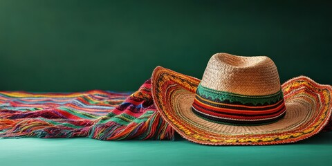 Colorful sombrero and vibrant blanket displayed on a green background capturing Mexican culture and tradition