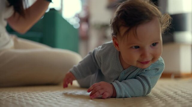 Baby lying on mat indoors, lifting head with curious expression, engaged in early movement, developing strength and coordination, peaceful home setting, milestone growth